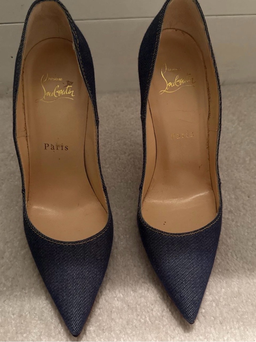 Christian Louboutin So Kate 120 mm Dark Denim Pointed Toe Pumps white silhouette
